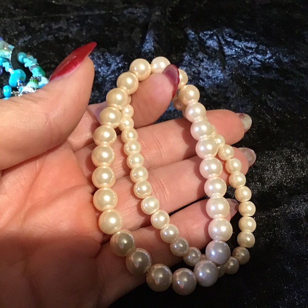 Faux Pearl Elastic Bracelet Pair Cream Glass Beads Classic Vintage Glam Stack